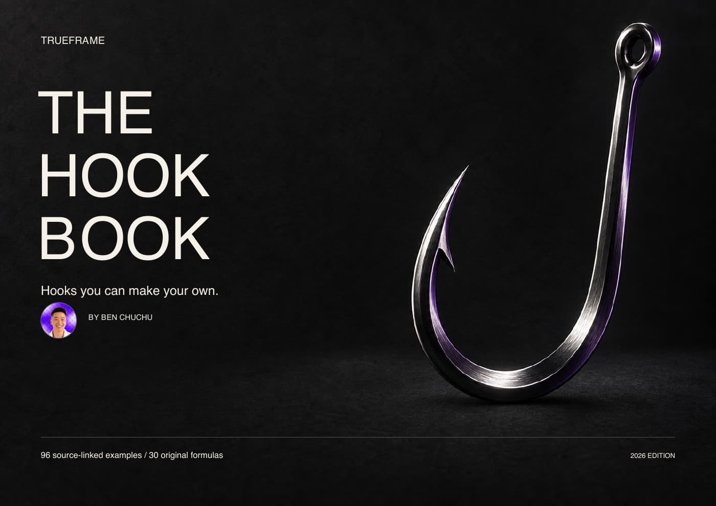 The Trueframe Hook Book cover with a metallic fishing hook and Ben Chuchu