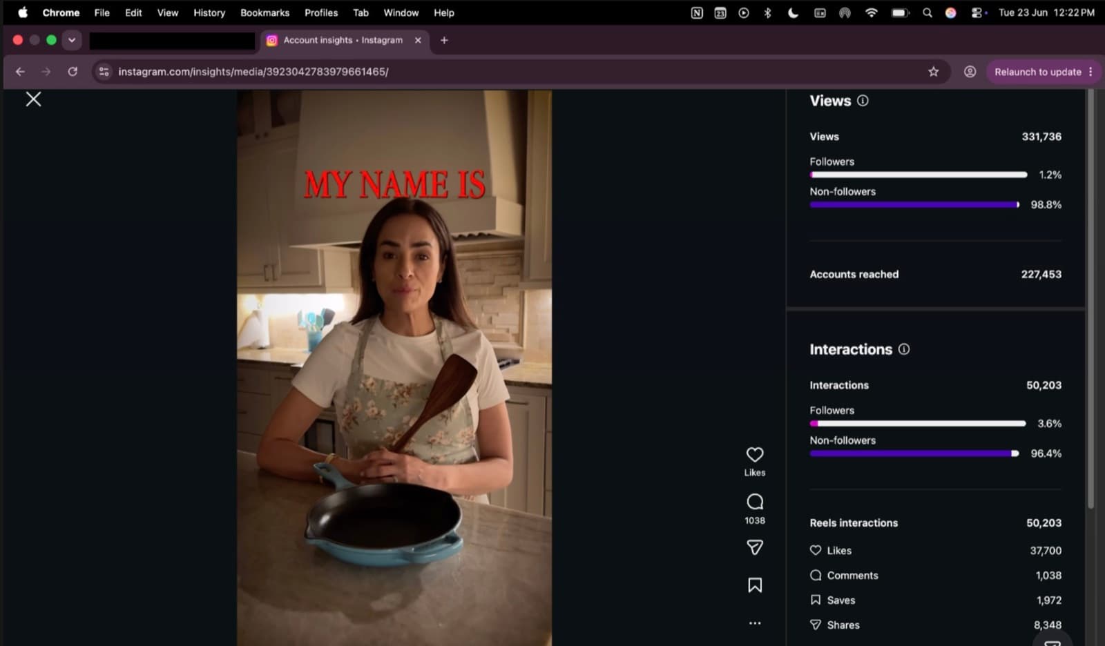 Betty's Instagram insights showing 331,736 views, 227,453 accounts reached, and 98.8% non-followers from one Kumar Method video.