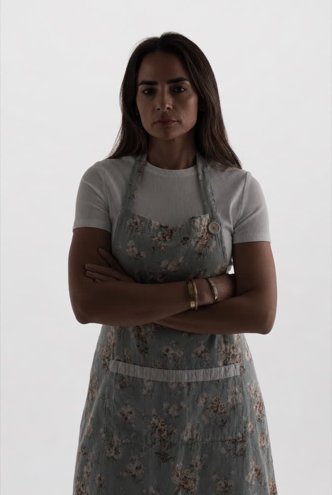 The same photo of Betty, restyled into a cinematic studio-lit aura-farm shot, arms crossed, dramatic light.