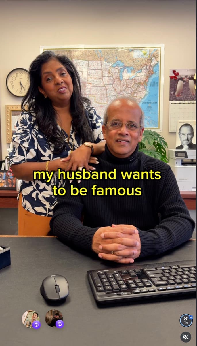 Scene two of a Kumar Method video: the same man, lights on, smiling, with his wife behind him and the caption 'my husband wants to be famous'.