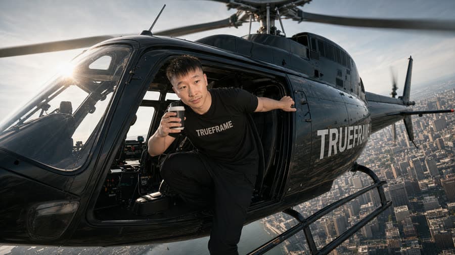 AI generated frame: man sipping coffee while leaning out of a flying helicopter
