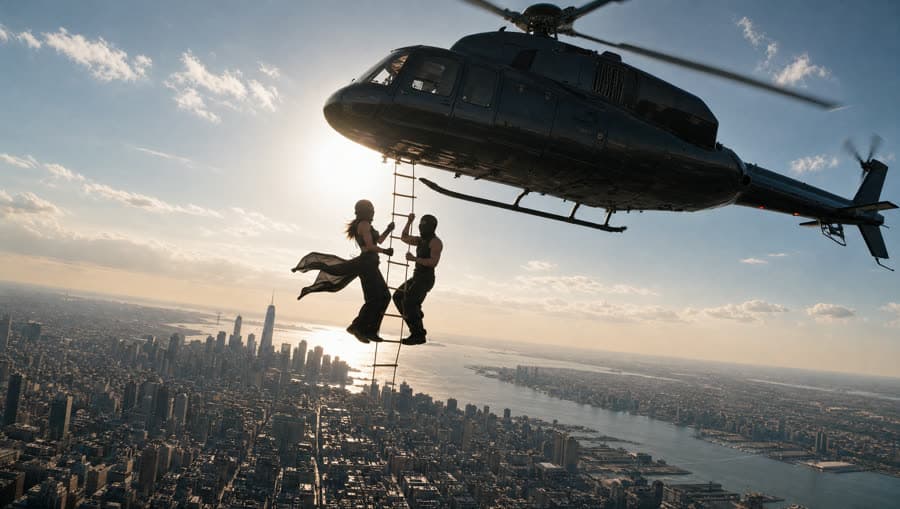 AI generated frame: couple climbing a rope ladder beneath a helicopter over Manhattan