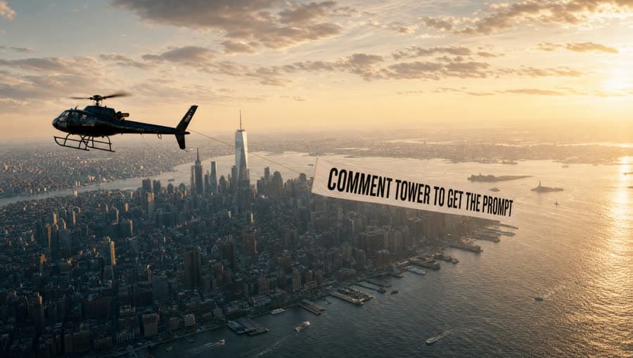 AI generated frame: helicopter towing an aerial banner over the NYC skyline